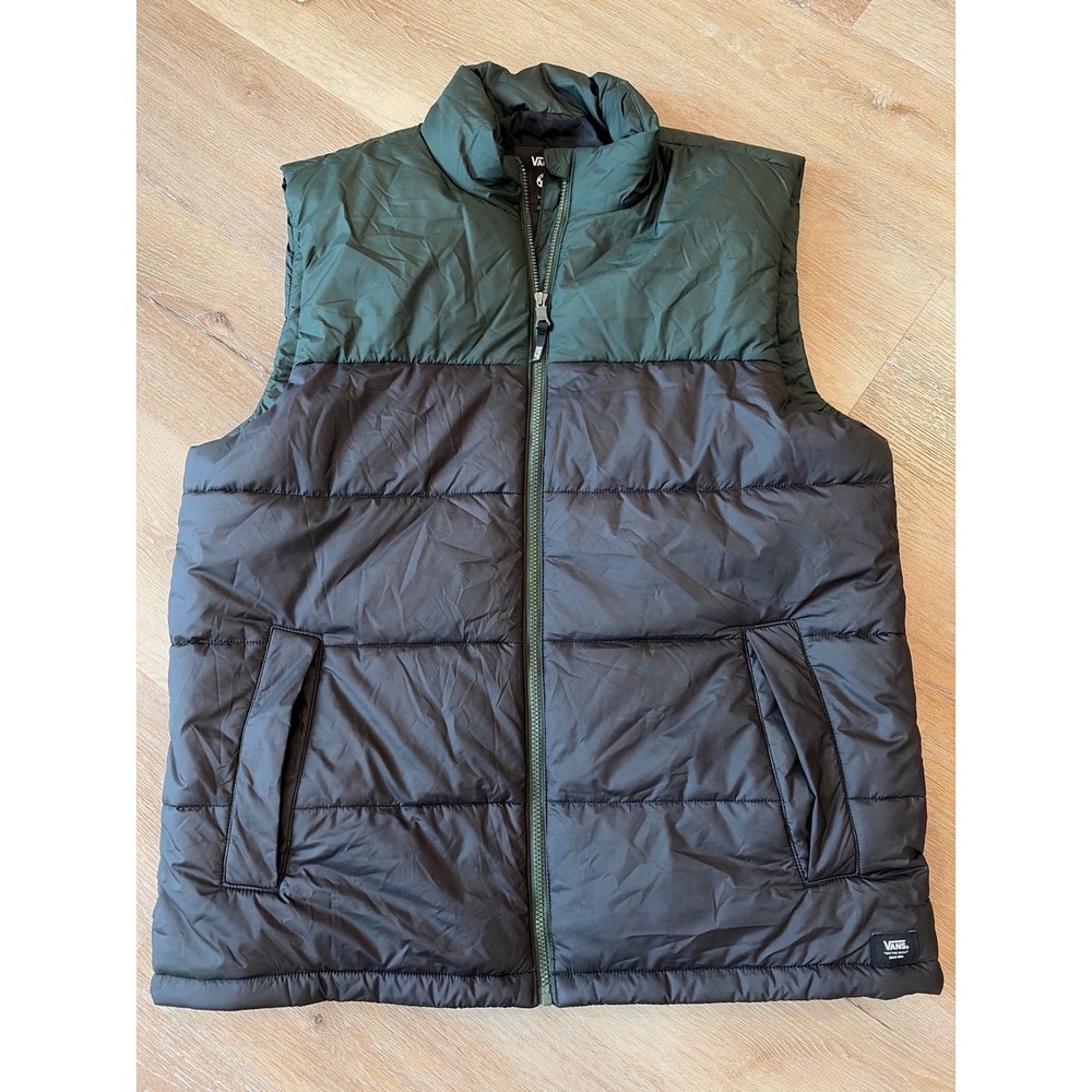 Vans MTE Puffer Vest Mens Large Green Black Quilted Insulated Sleeveless Jacket